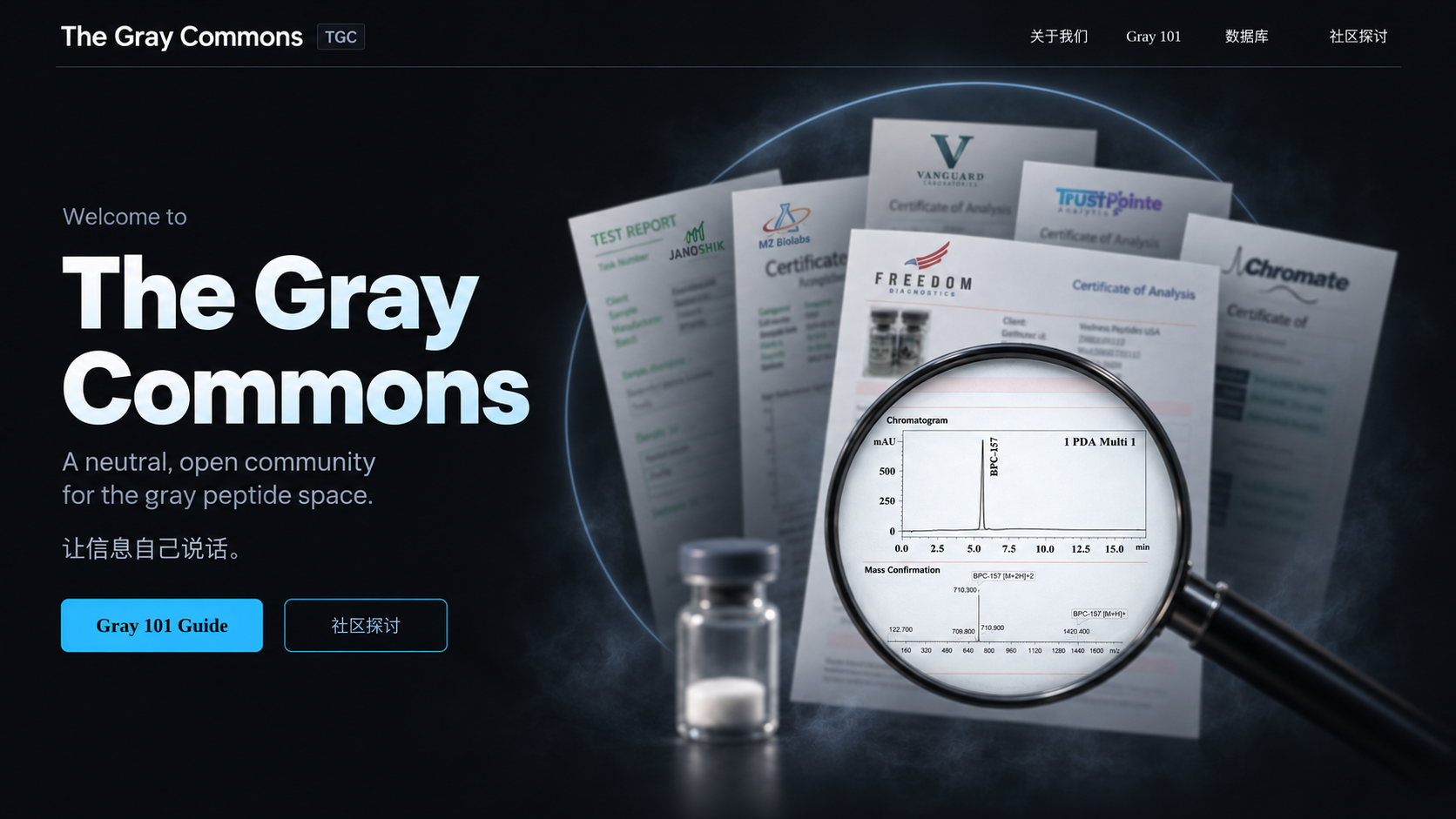 Concept illustration of lab reports, a magnifying glass and a vial containing a lyophilized cake